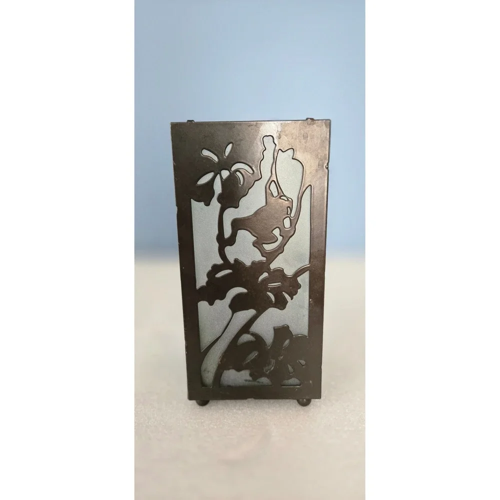 Vintage Black Metal Floral Cutout Frosted Glass Candle Holder Lantern 7.75